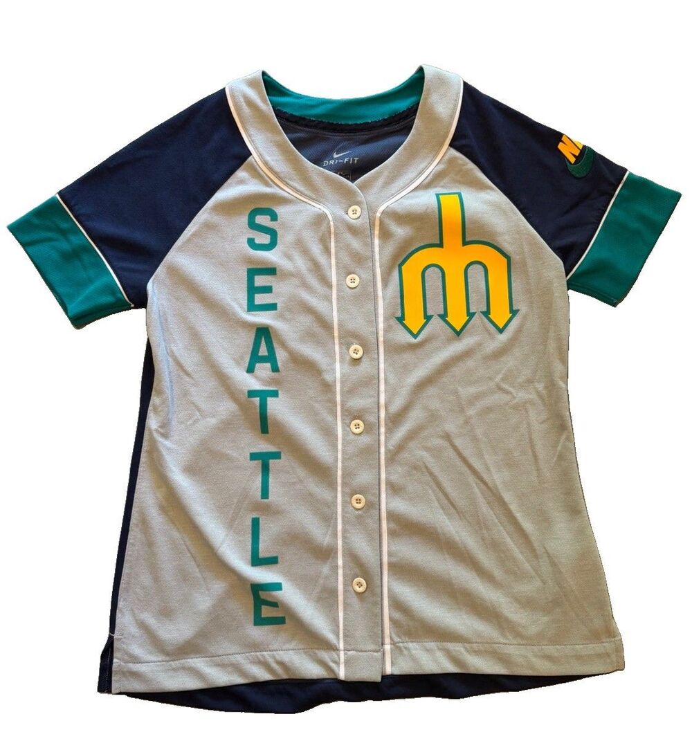 Nike Seattle Mariners Jersey Womens M Grey Navy Dri-Fit MLB Trident Button Shirt